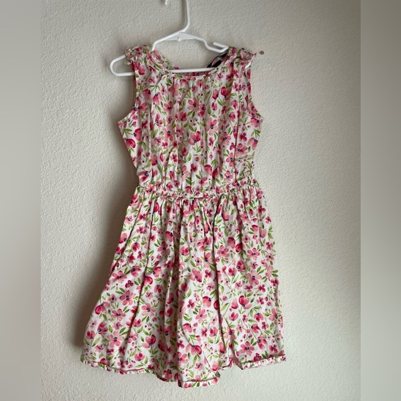 Lands' End Kids Dress with Pink and Green Floral Pattern 100%Baumwolle size 7 - Picture 1 of 7